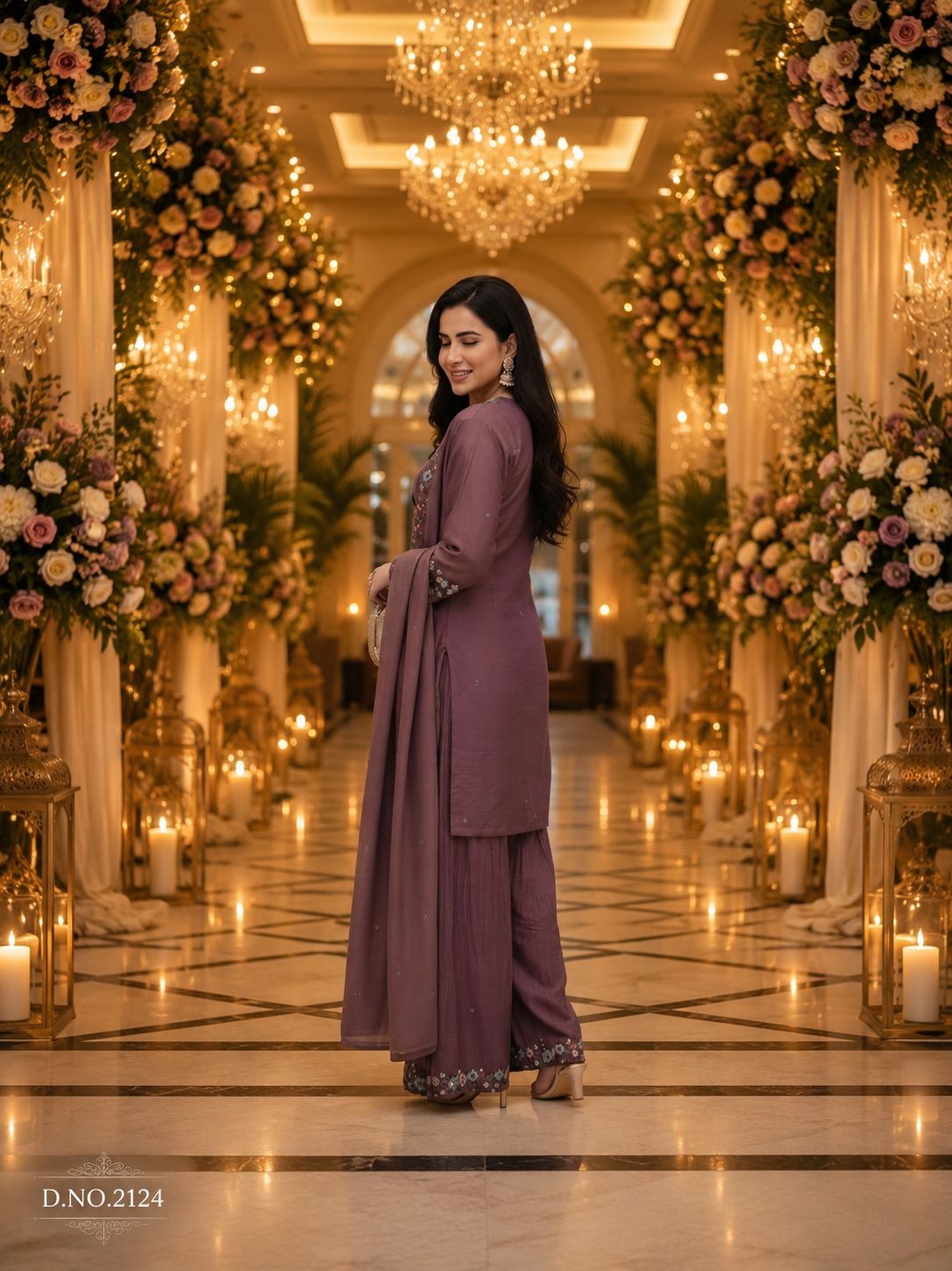 Mauve Floral Embroidery Roman Simmer Palazzo Suit — alternate view
