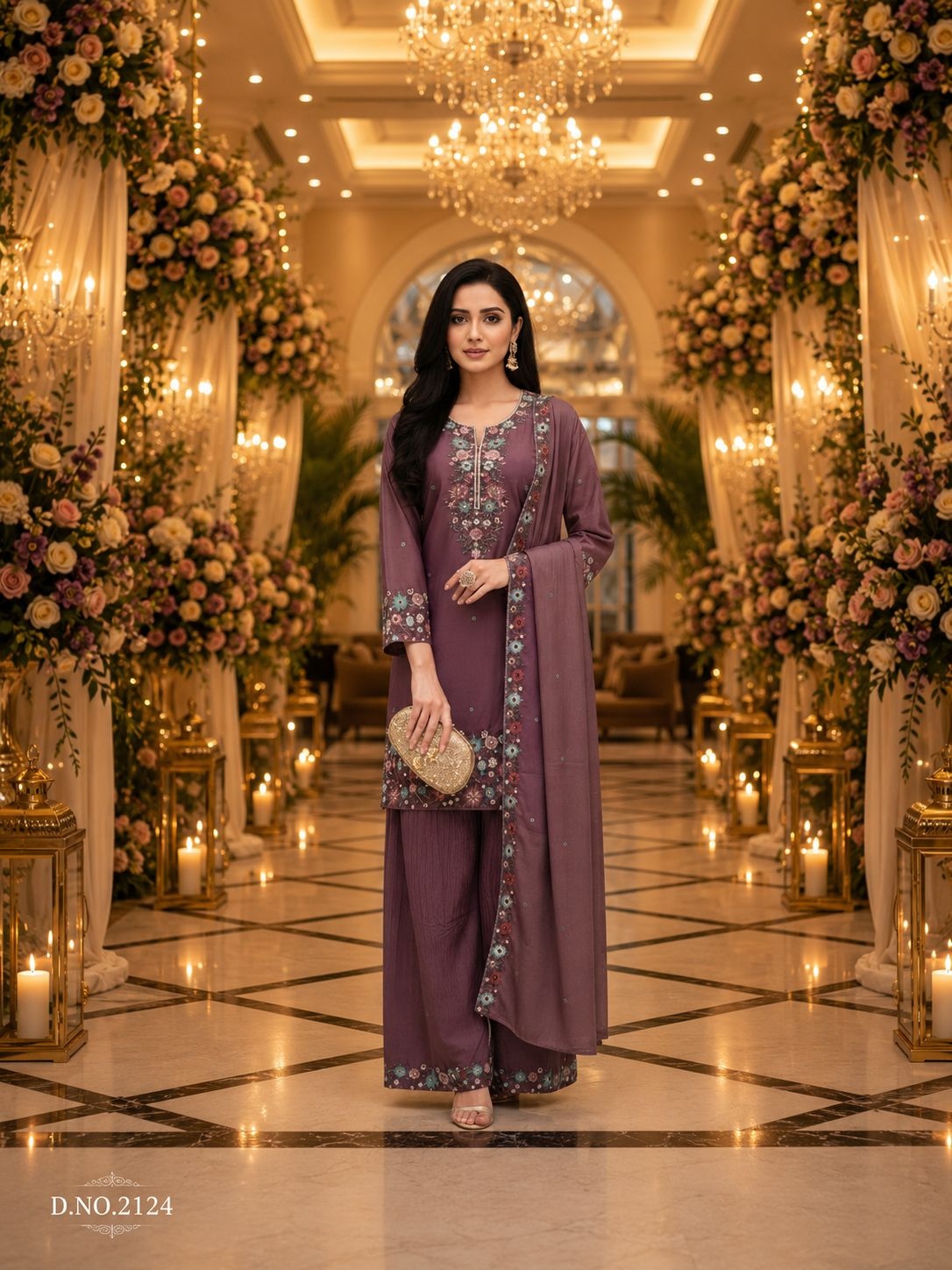 Mauve Floral Embroidery Roman Simmer Palazzo Suit