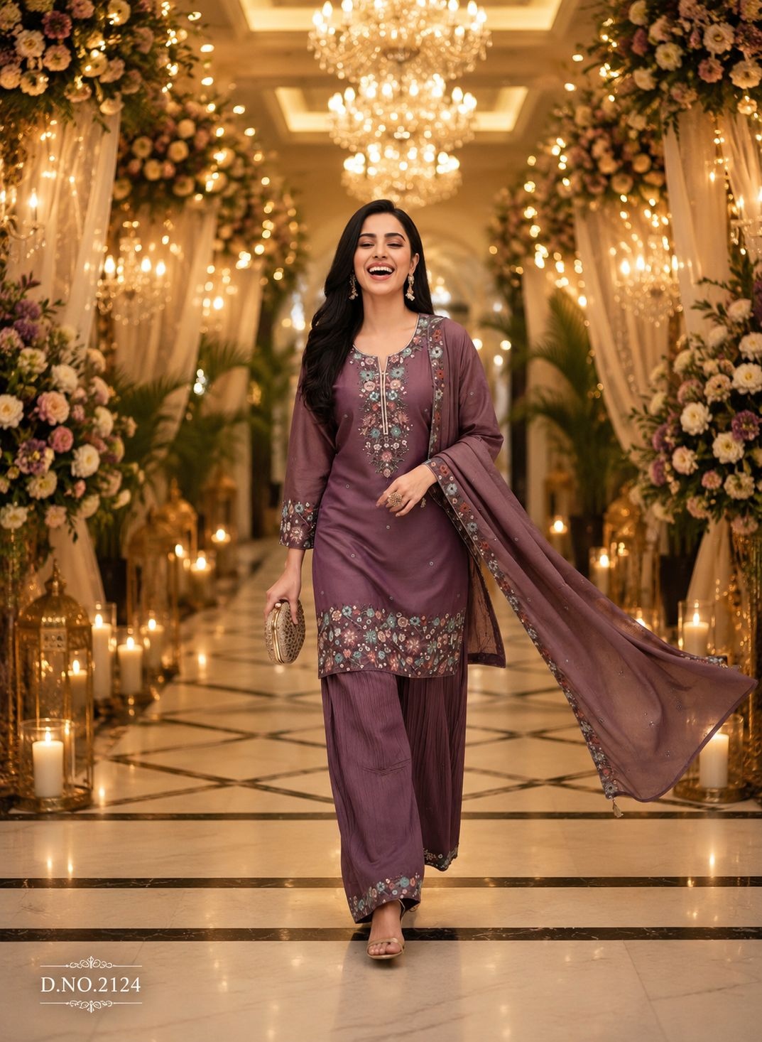 Mauve Floral Embroidery Roman Simmer Palazzo Suit
