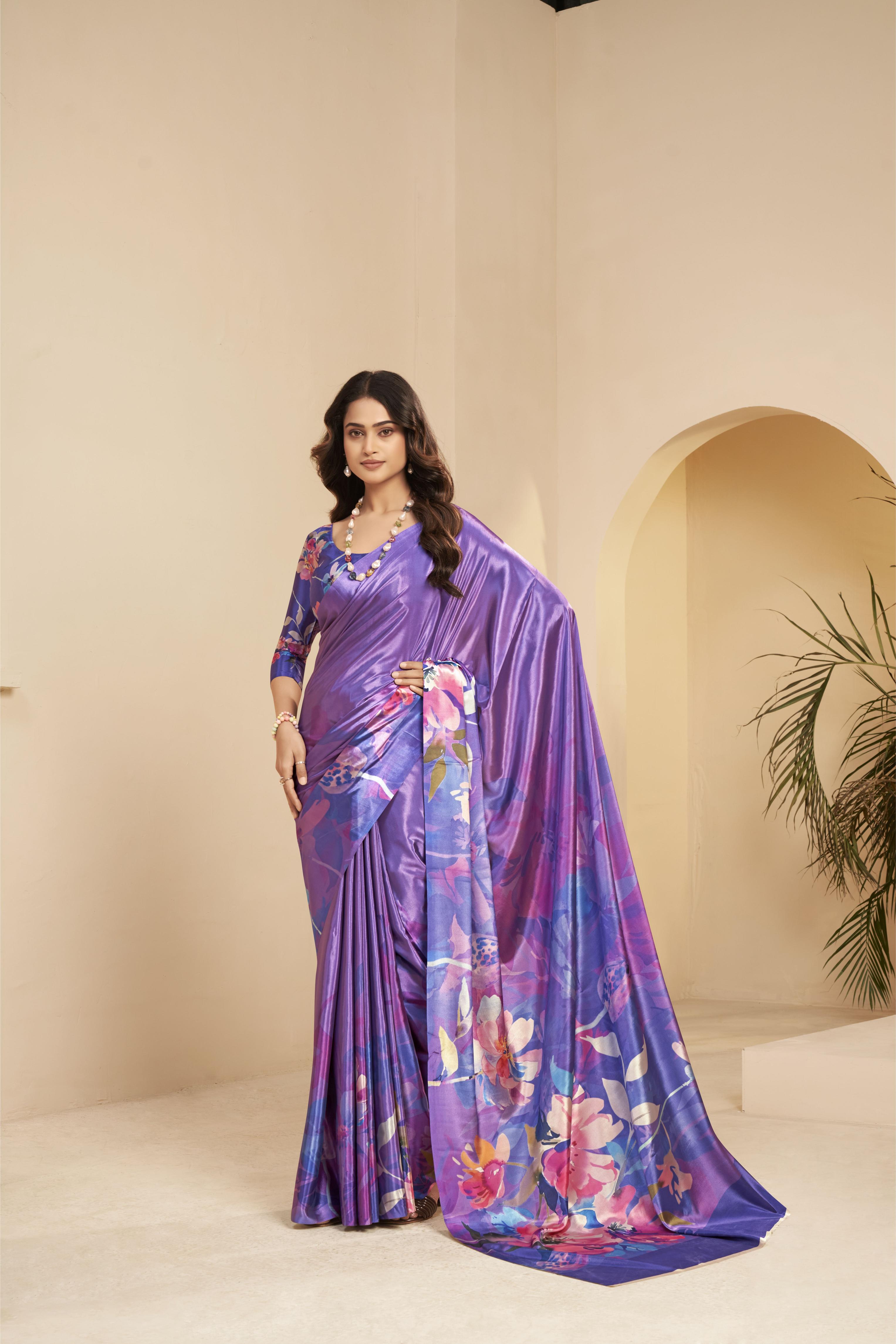 Mauve Floral Printed Malai Crepe Silk Saree