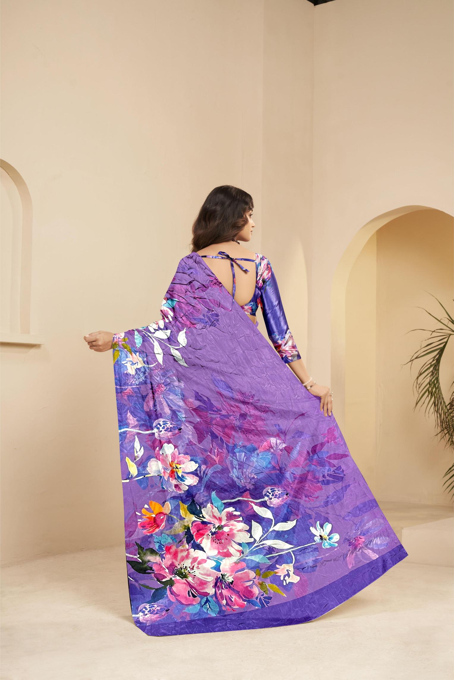 Mauve Floral Printed Malai Crepe Silk Saree — alternate view