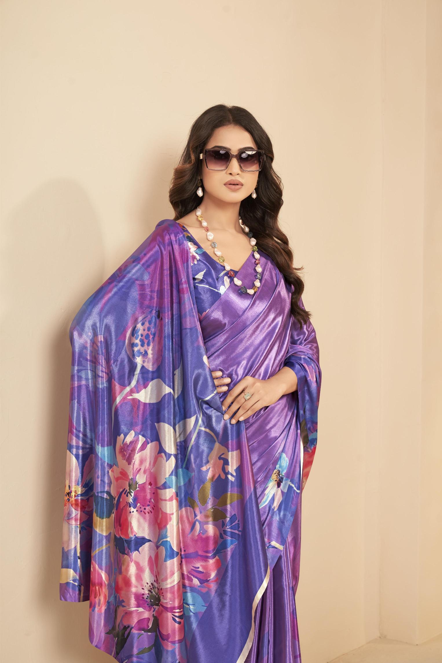 Mauve Floral Printed Malai Crepe Silk Saree