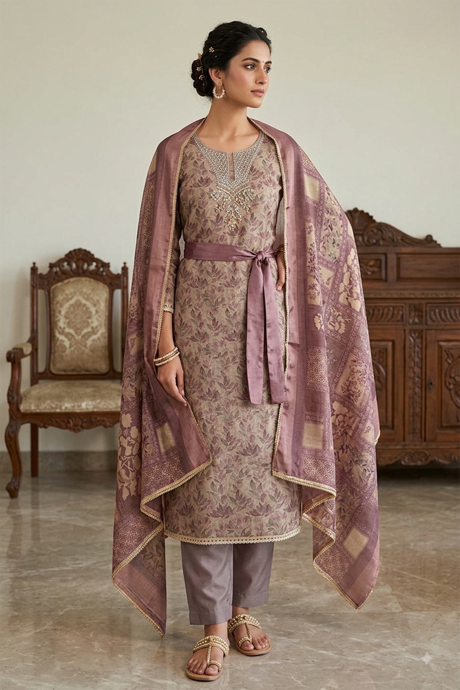 Mauve Floral Printed Shimmer Linen Cotton Straight Suit