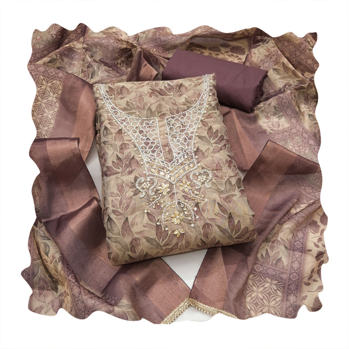 Mauve Floral Printed Shimmer Linen Cotton Straight Suit — alternate view
