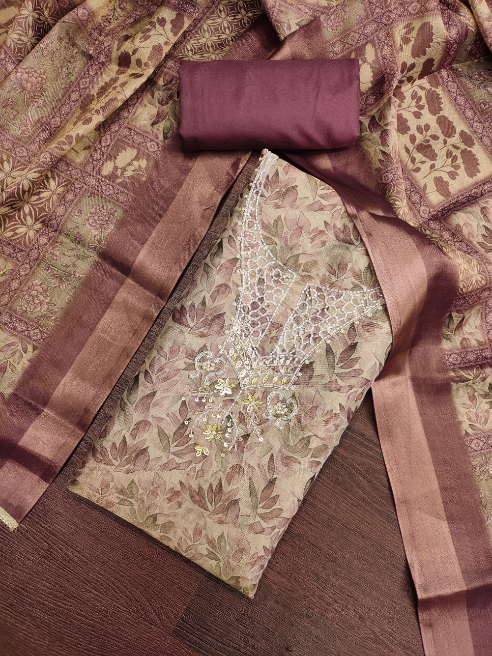 Mauve Floral Printed Shimmer Linen Cotton Straight Suit