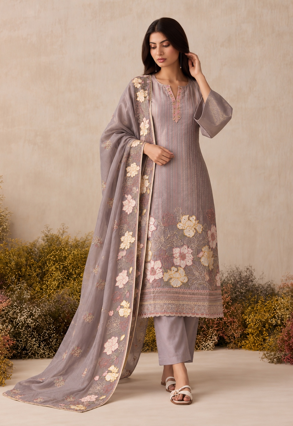 Mauve Floral Sequins Shimmer Silk Salwar Suit