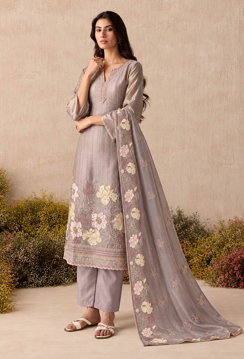Mauve Floral Sequins Shimmer Silk Salwar Suit — alternate view