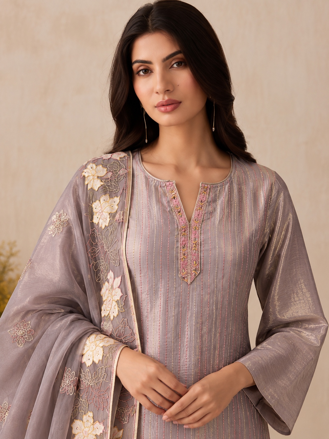 Mauve Floral Sequins Shimmer Silk Salwar Suit
