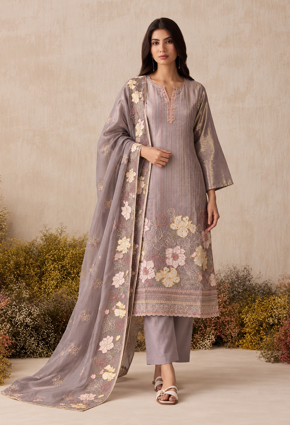 Mauve Floral Sequins Shimmer Silk Salwar Suit