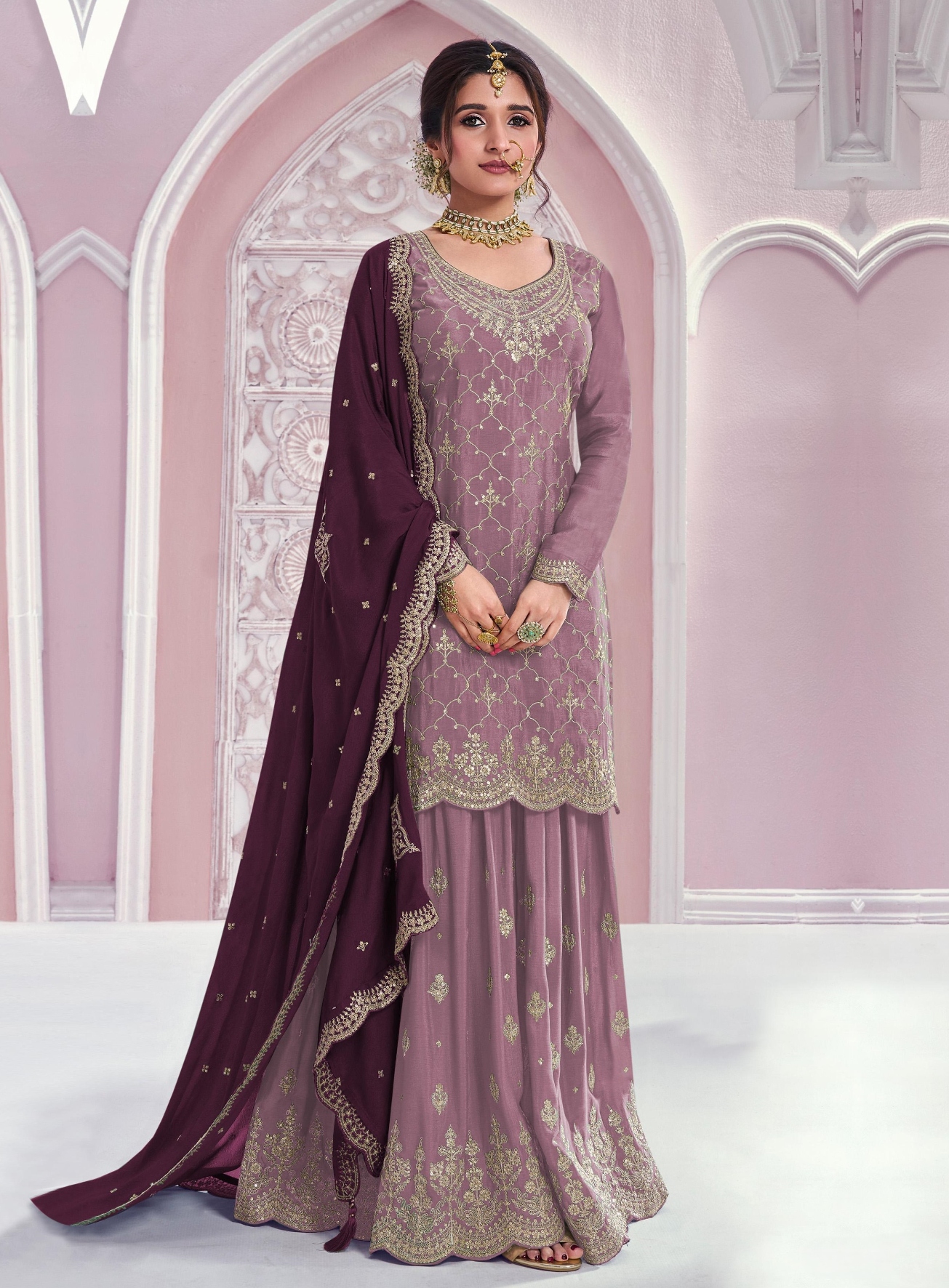 Mauve Geometric Designer Embroidery Chinon Palazzo Suit