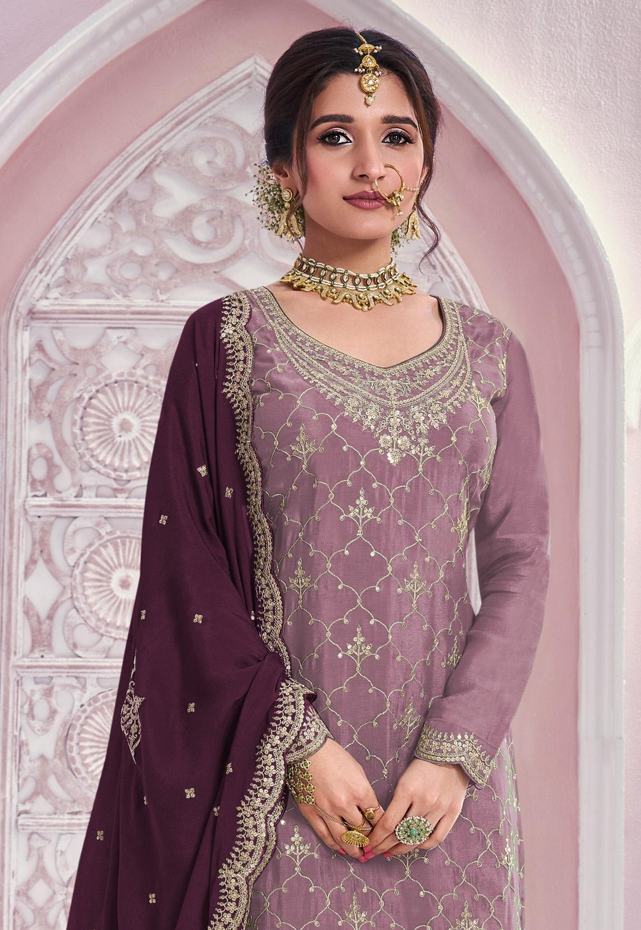 Mauve Geometric Designer Embroidery Chinon Palazzo Suit — alternate view