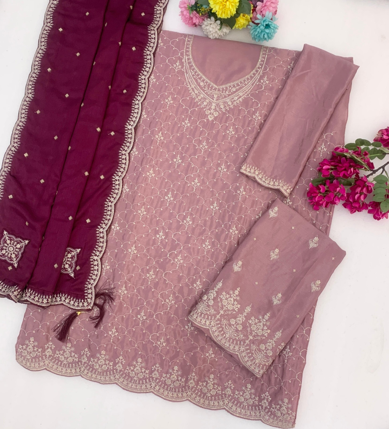 Mauve Geometric Designer Embroidery Chinon Palazzo Suit