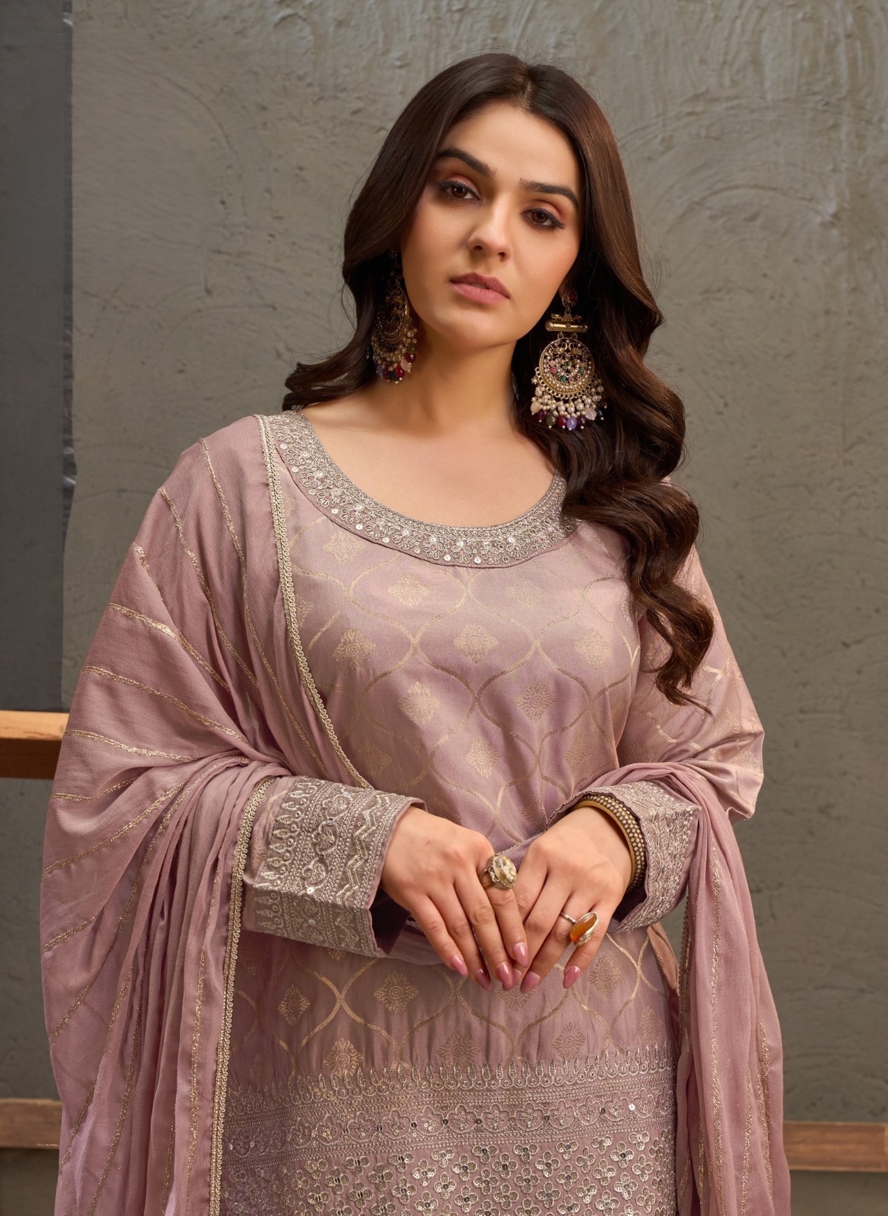 Mauve Geometric Heavy Designer Embroidery Viscose Palazzo Suit — alternate view