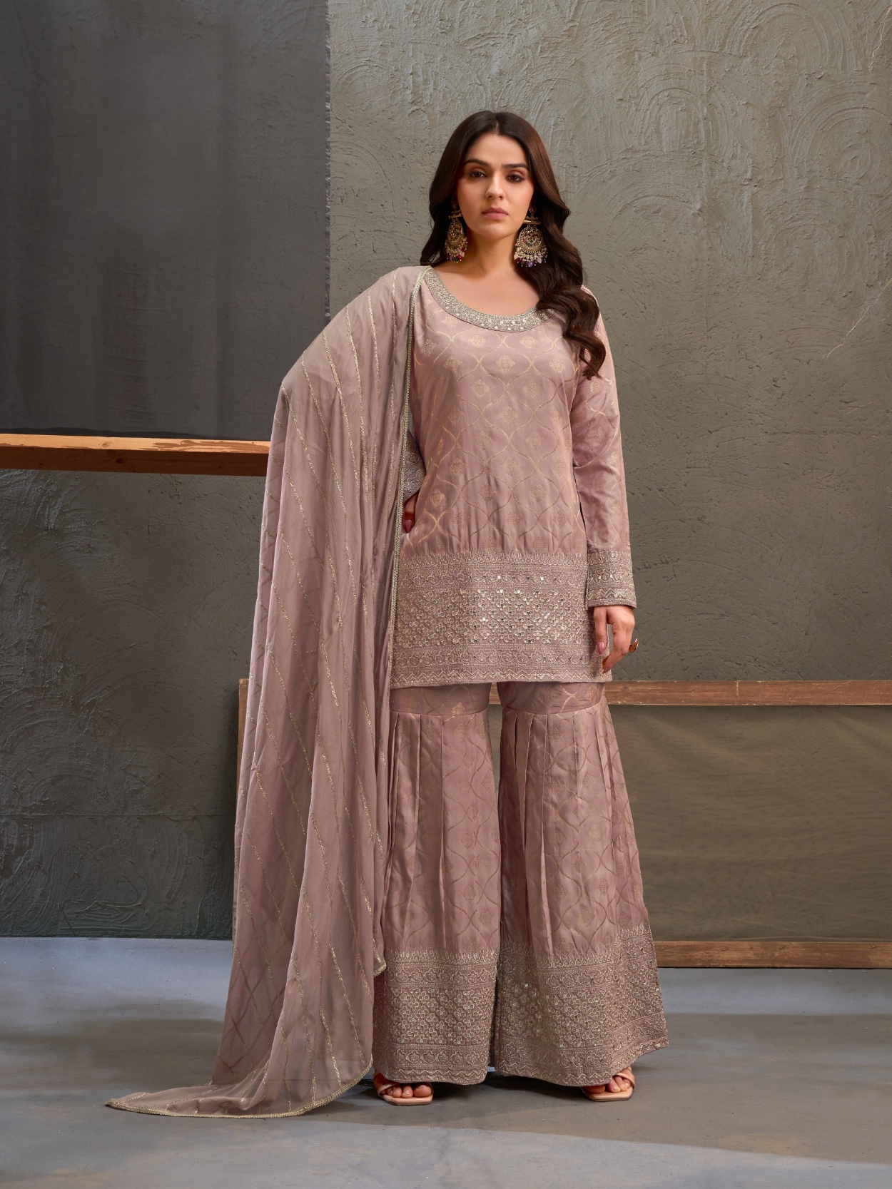 Mauve Geometric Heavy Designer Embroidery Viscose Palazzo Suit