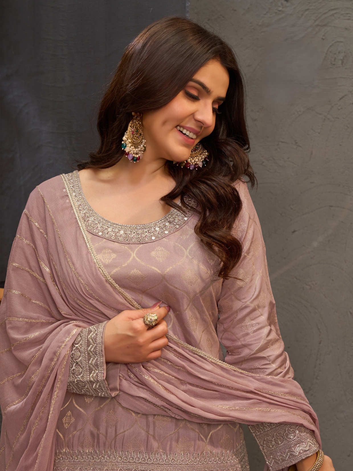 Mauve Geometric Heavy Designer Embroidery Viscose Palazzo Suit
