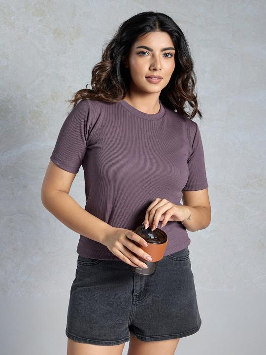 Mauve Knitted Casual T-Shirt