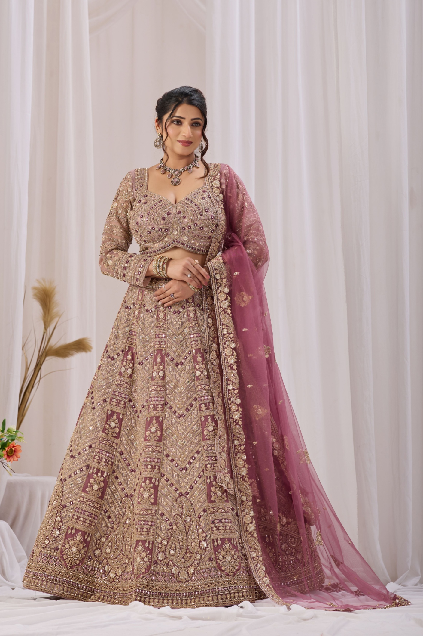 Mauve Paisley Embroidered Net Lehenga Choli