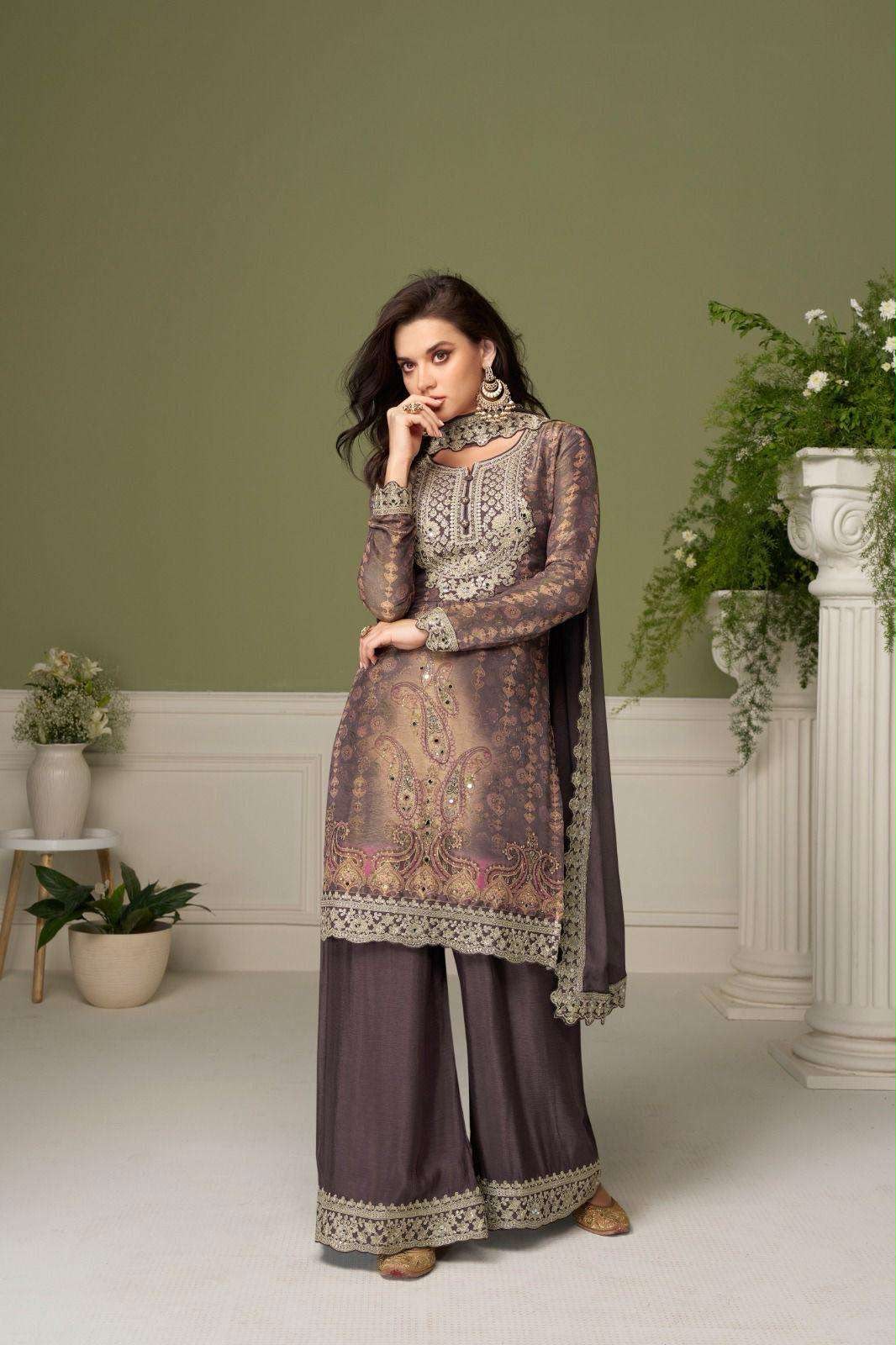 Mauve Paisley Embroidery Chinon Palazzo Suit