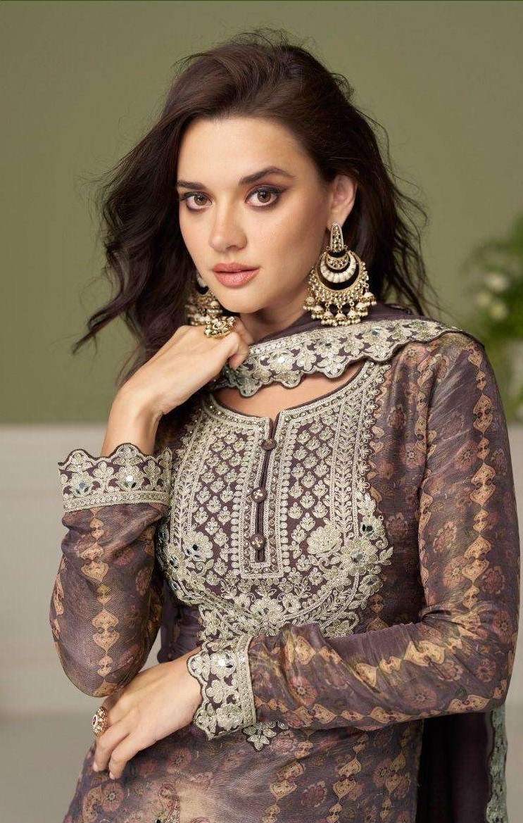Mauve Paisley Embroidery Chinon Palazzo Suit