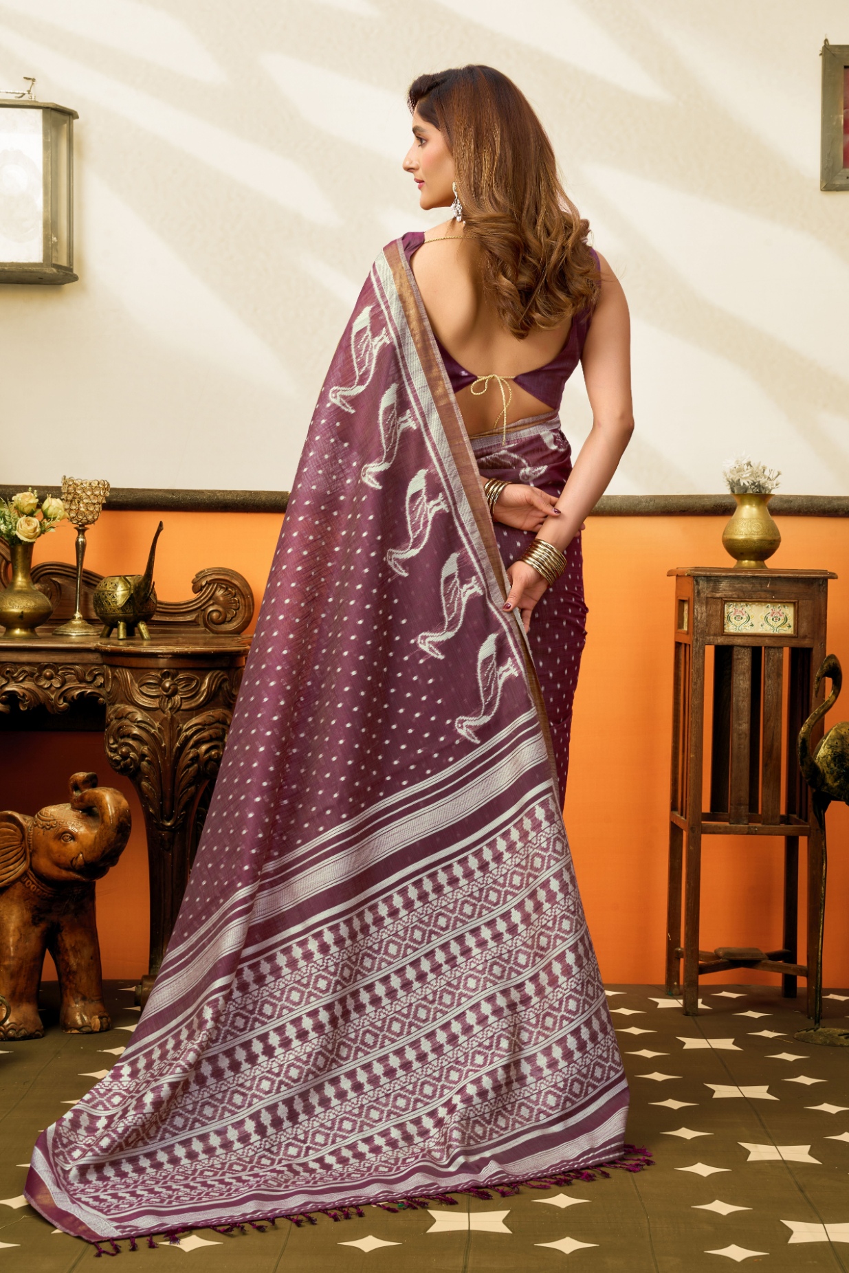 Mauve Peacock Motif Jacquard Weaving Cotton Saree — alternate view