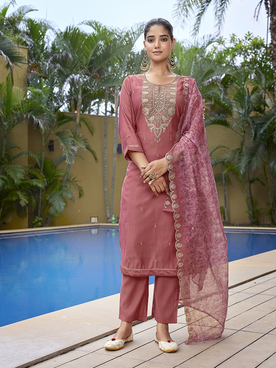 Mauve Pink Embroidered Viscose Chanderi Readymade Suit