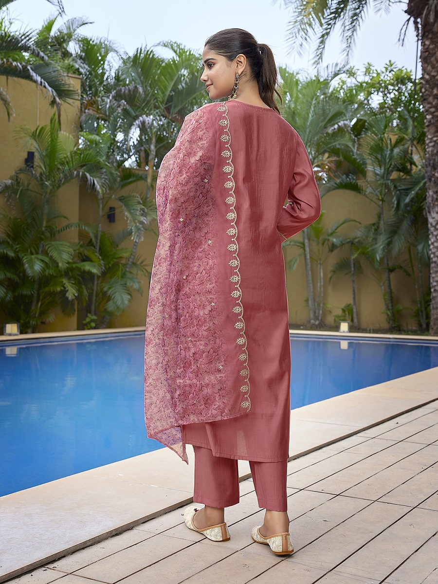 Mauve Pink Embroidered Viscose Chanderi Readymade Suit — alternate view