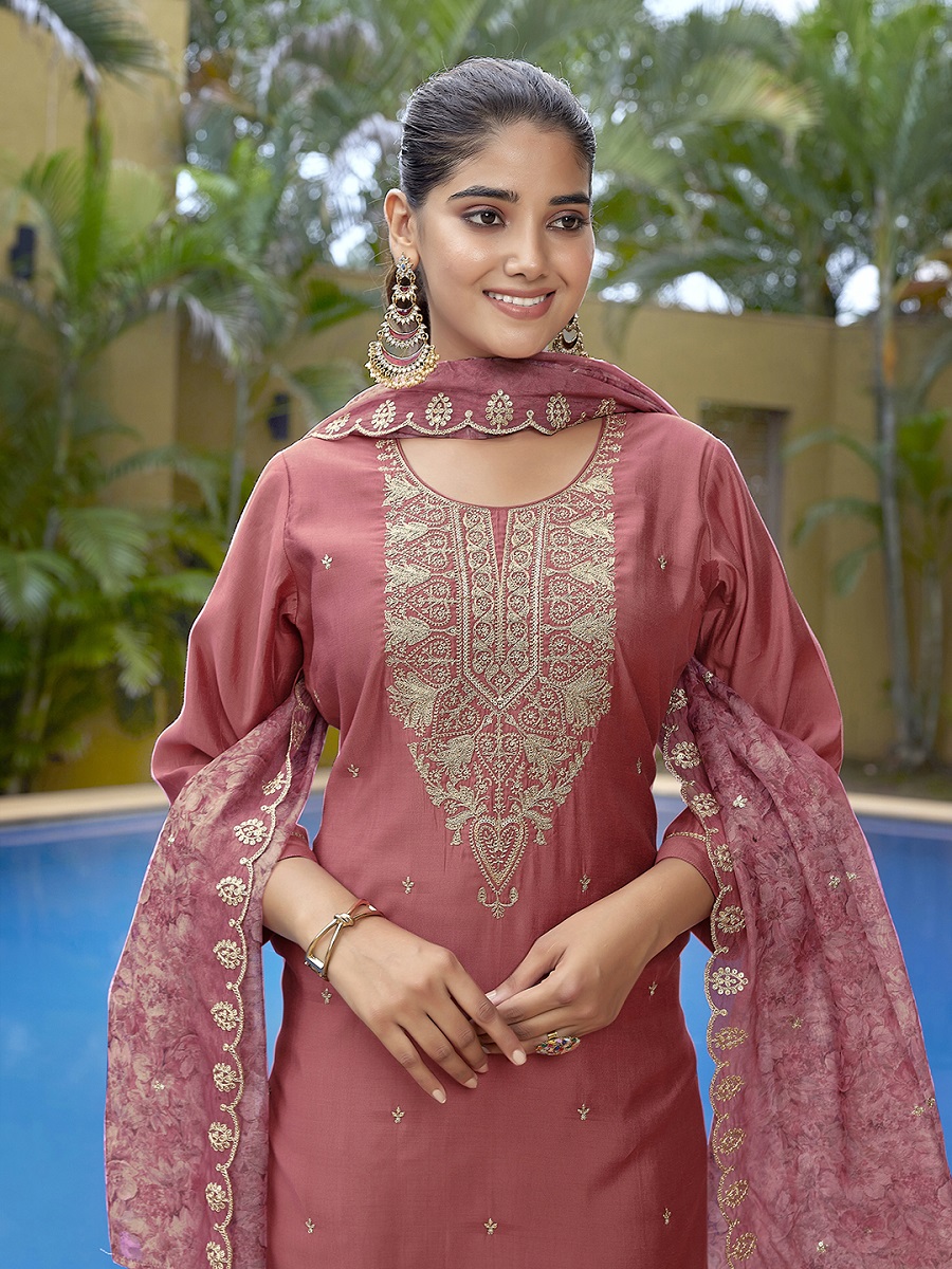 Mauve Pink Embroidered Viscose Chanderi Readymade Suit