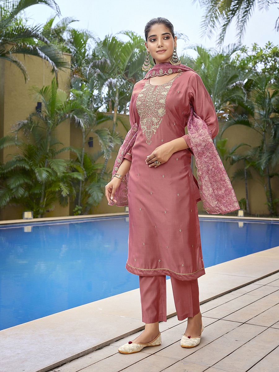 Mauve Pink Embroidered Viscose Chanderi Readymade Suit