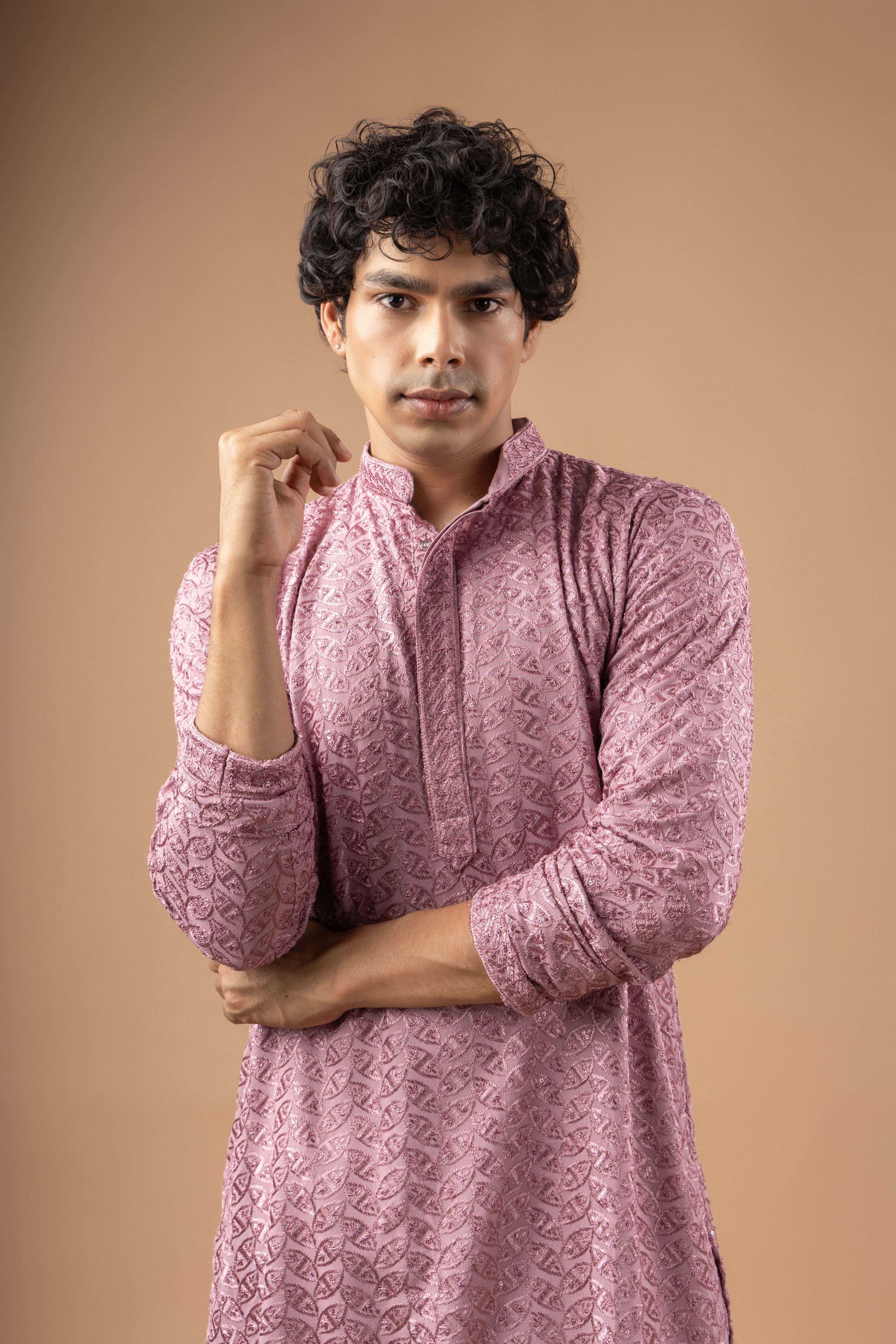 Mauve Pink Geometric Embroidery Rayon Kurta Pyjama