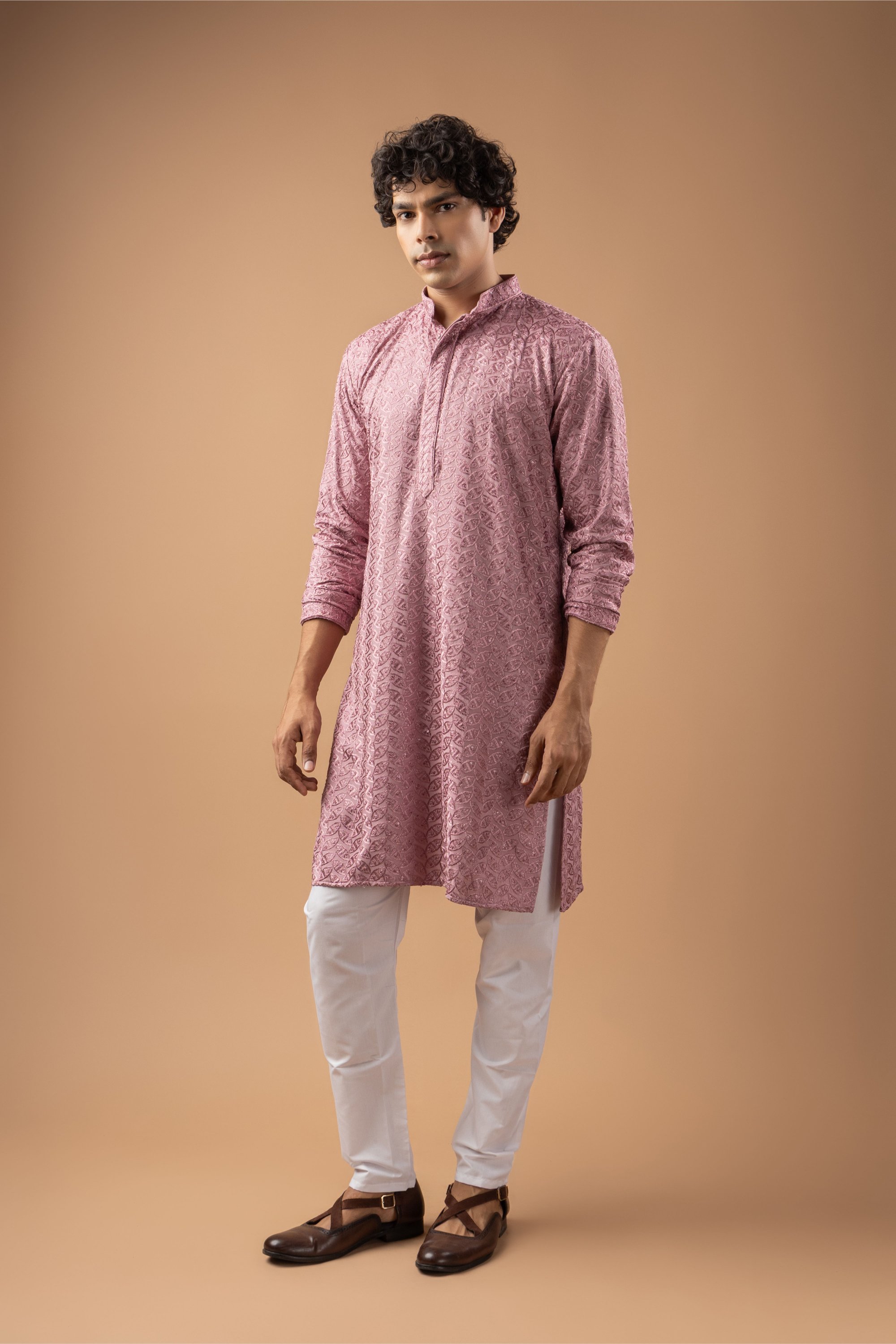 Mauve Pink Geometric Embroidery Rayon Kurta Pyjama