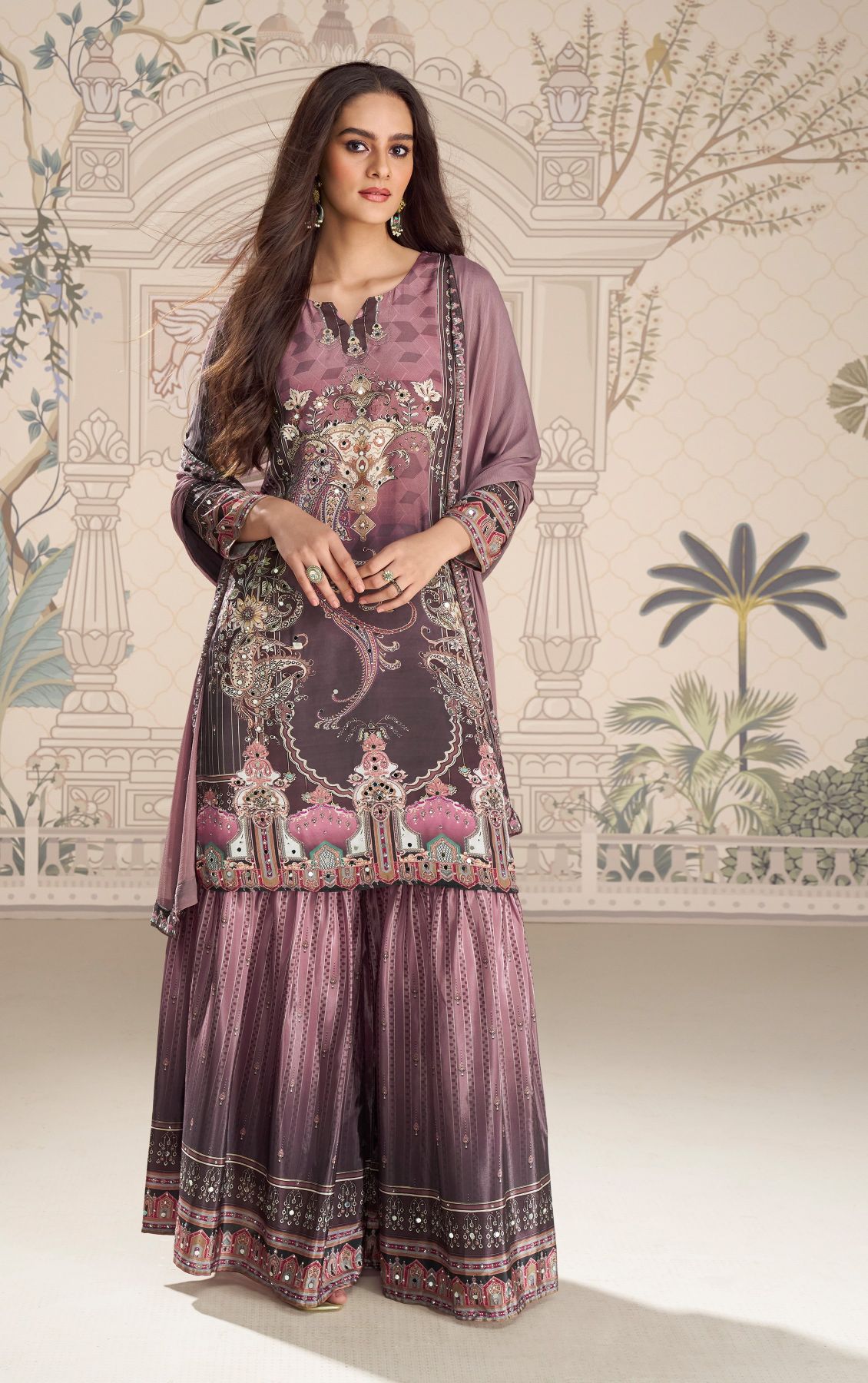 Mauve Printed N Embroidered Crepe Silk Palazzo Suit