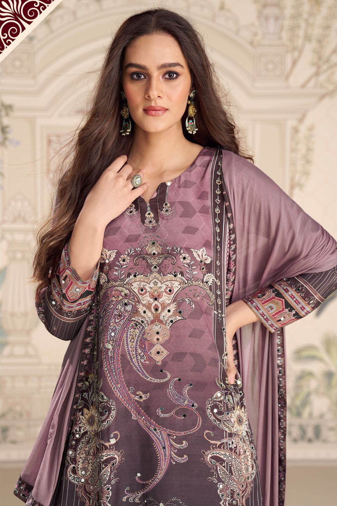 Mauve Printed N Embroidered Crepe Silk Palazzo Suit