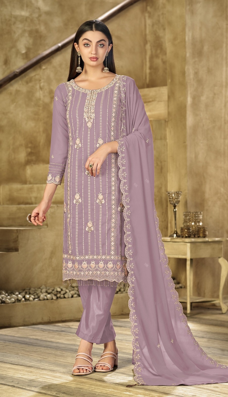 Mauve Stripe Designer Embroidery Georgette Straight Suit