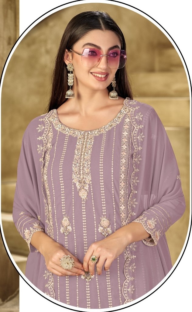 Mauve Stripe Designer Embroidery Georgette Straight Suit — alternate view
