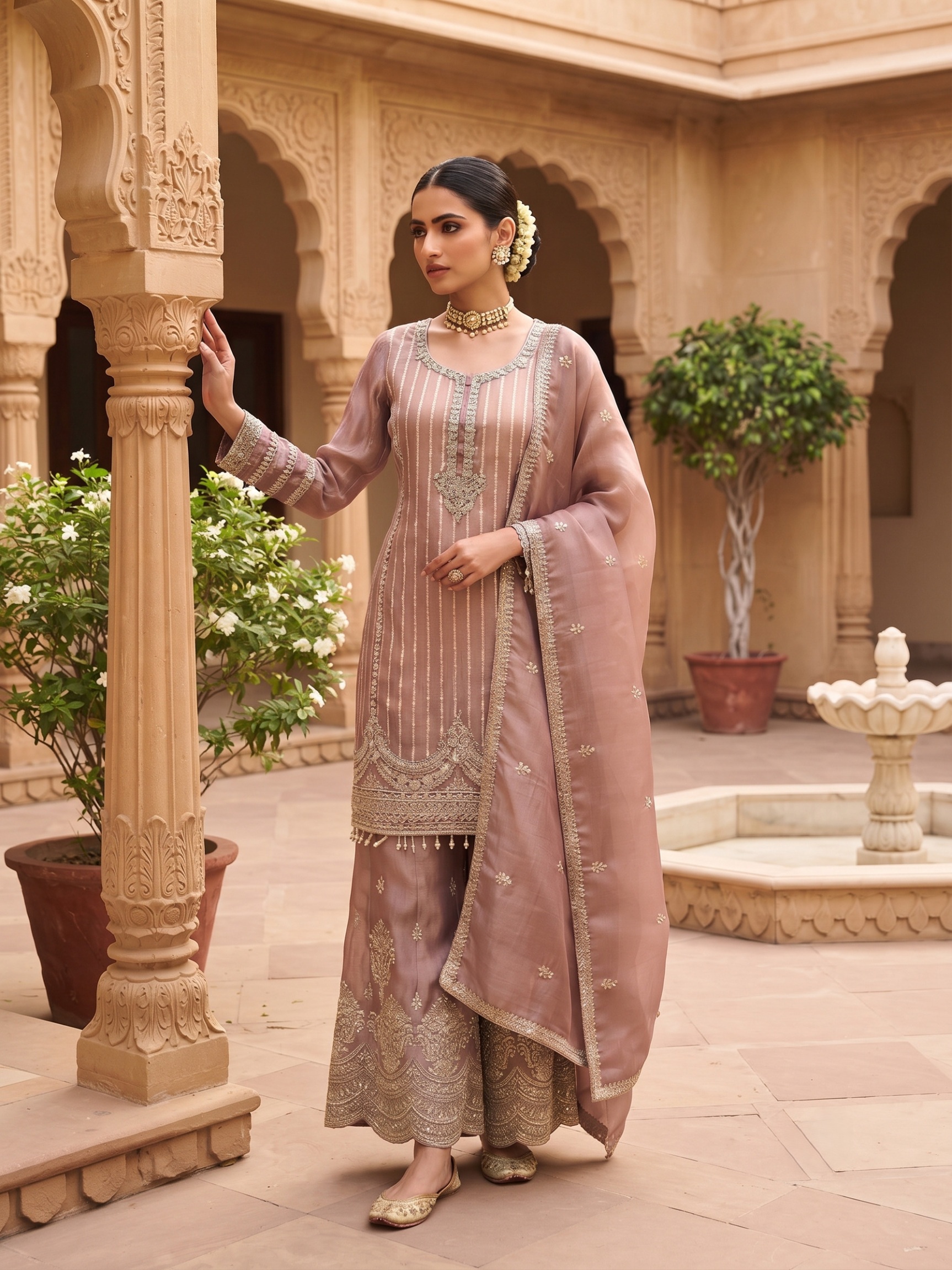 Mauve Stripe Embroidered Viscose Palazzo Suit