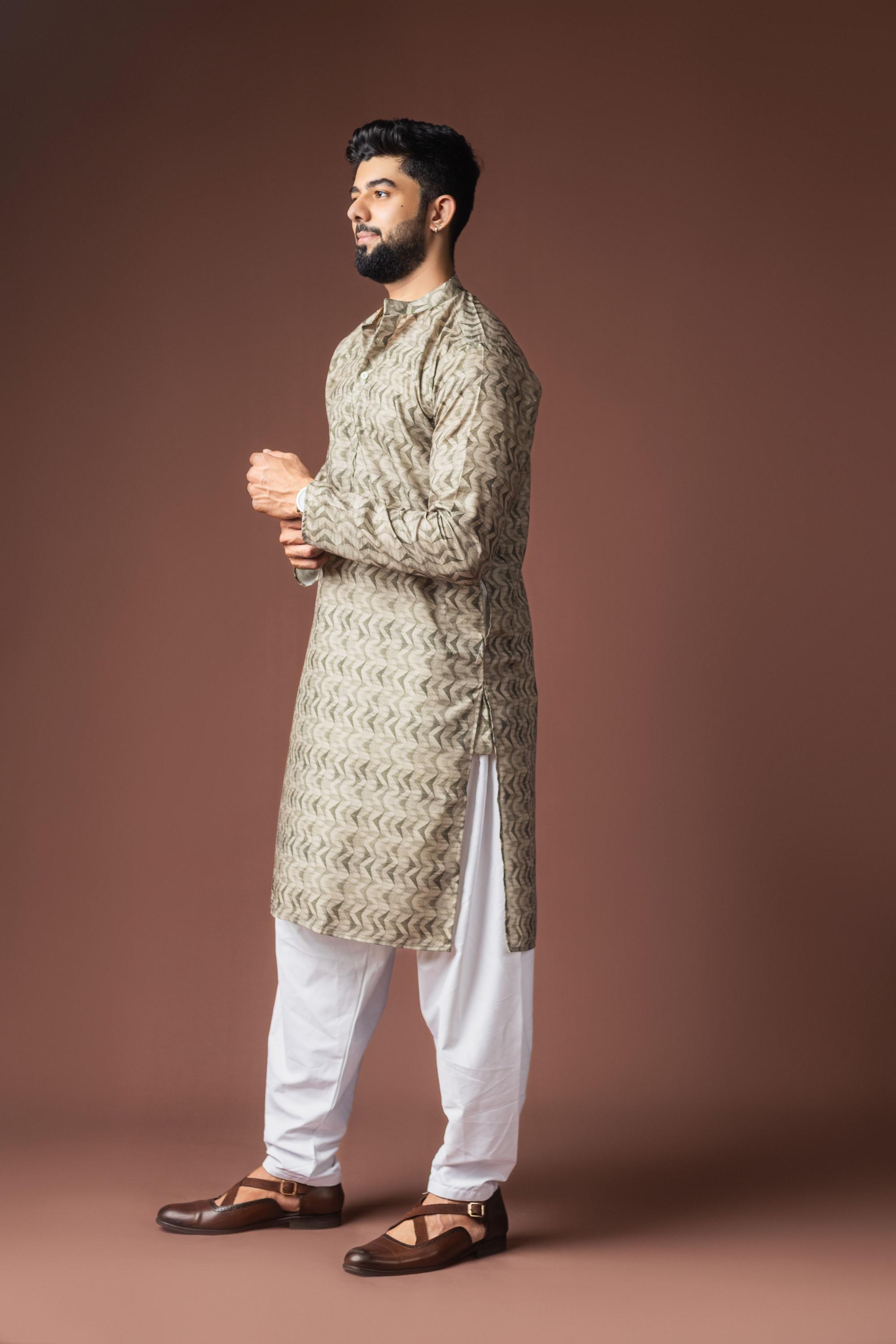 Mehandi Green Blended Linen Kurta Payjama
