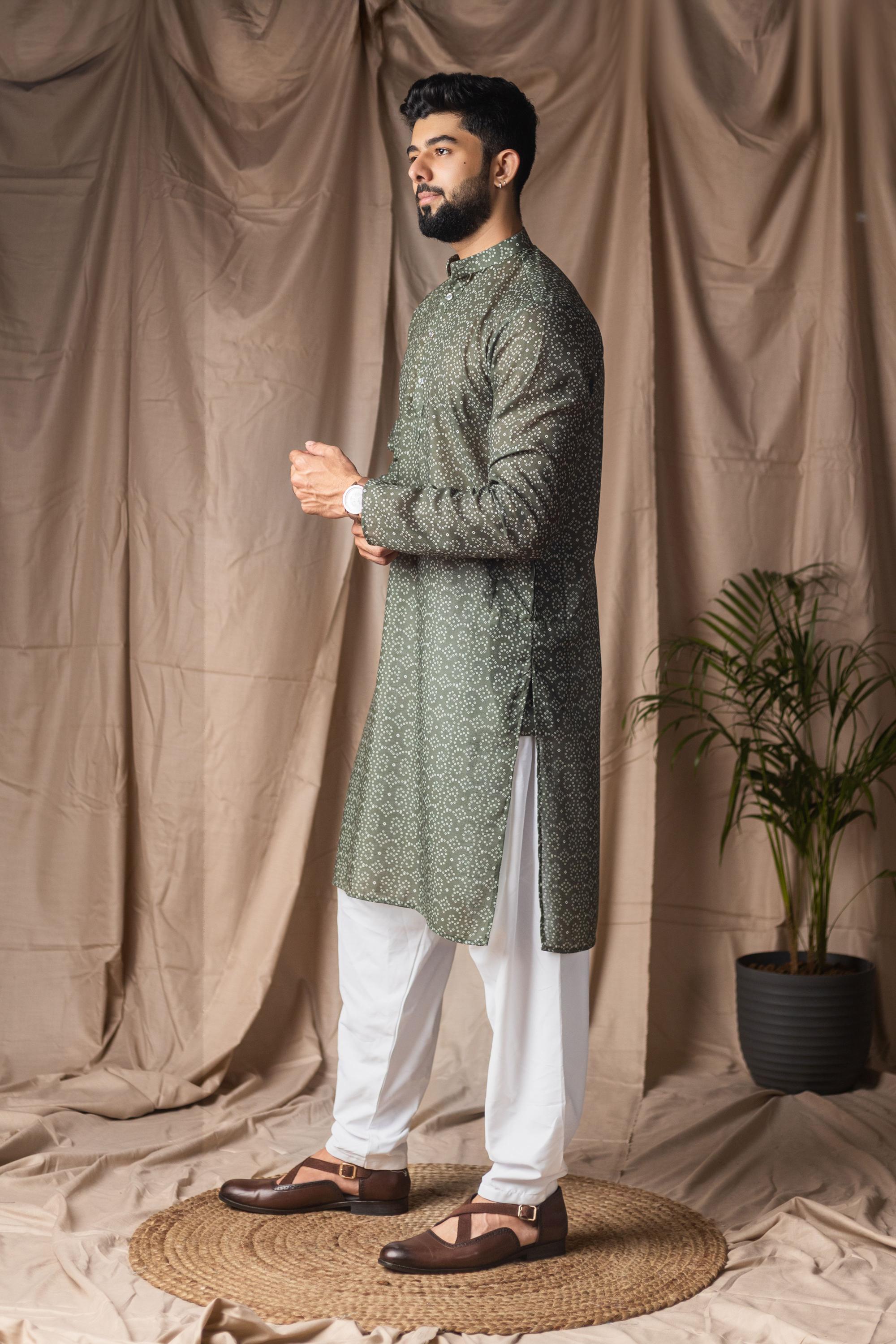 Mehandi Green Blended Linen Kurta Payjama