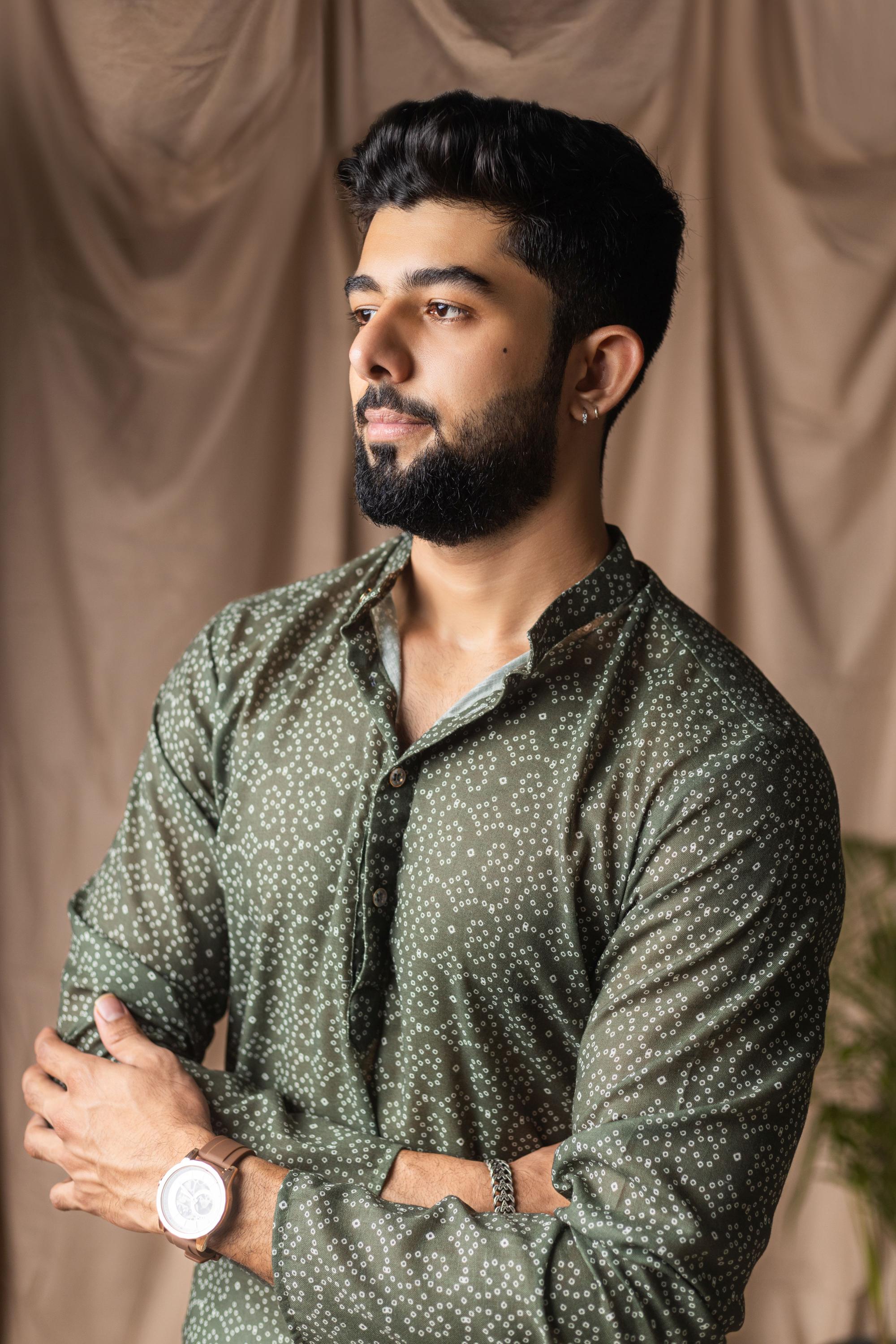 Mehandi Green Blended Linen Kurta Payjama — alternate view