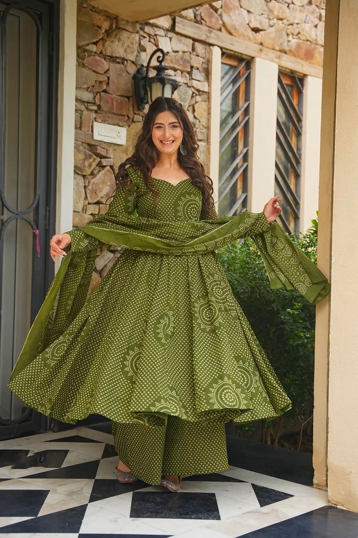 Mehendi Bandhani Digital Print Cambric Cotton Anarkali Suit