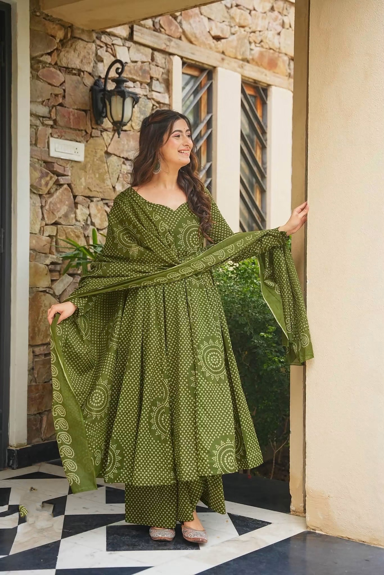 Mehendi Bandhani Digital Print Cambric Cotton Anarkali Suit