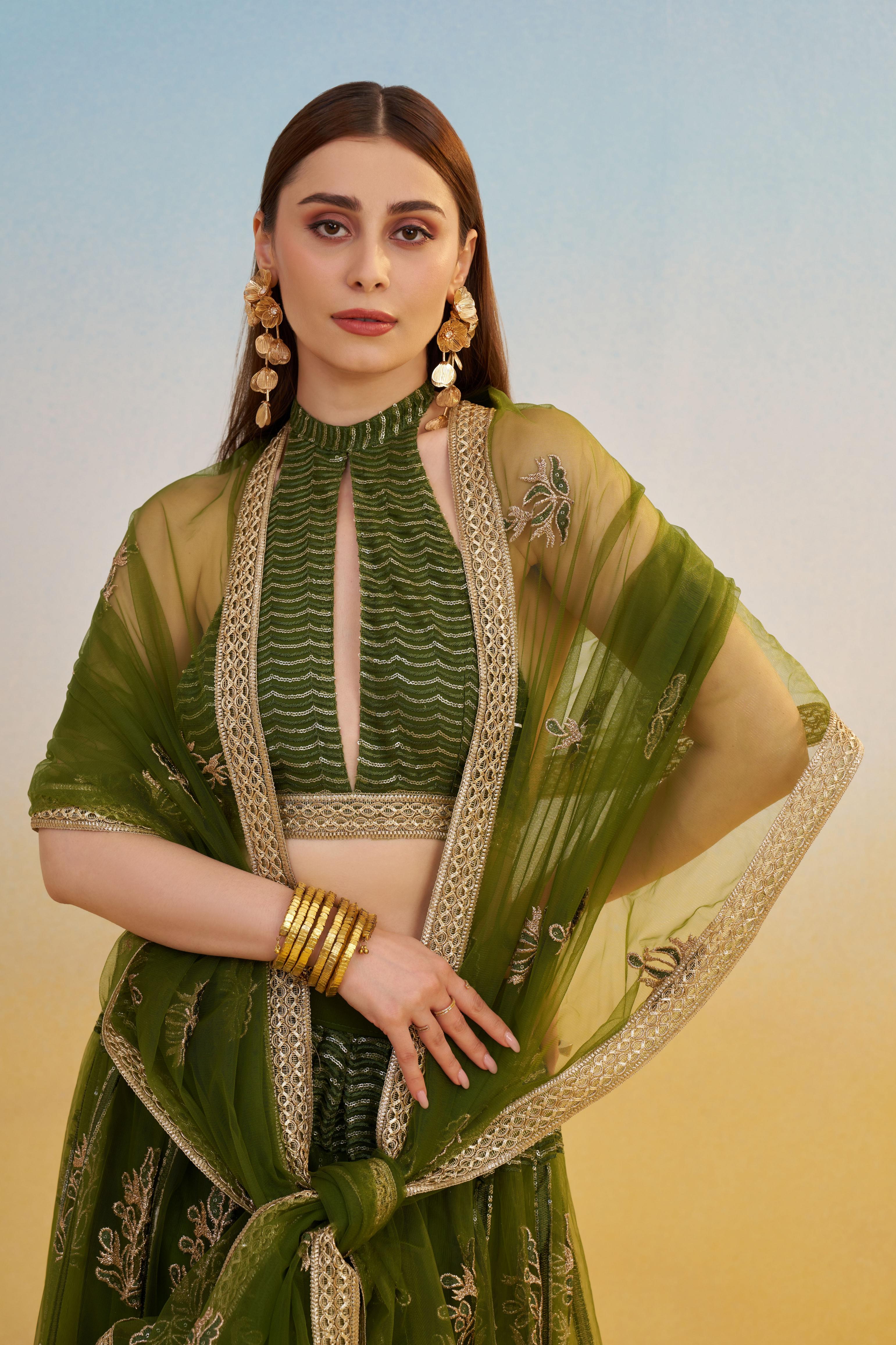 Mehendi Butterfly Net Lehenga