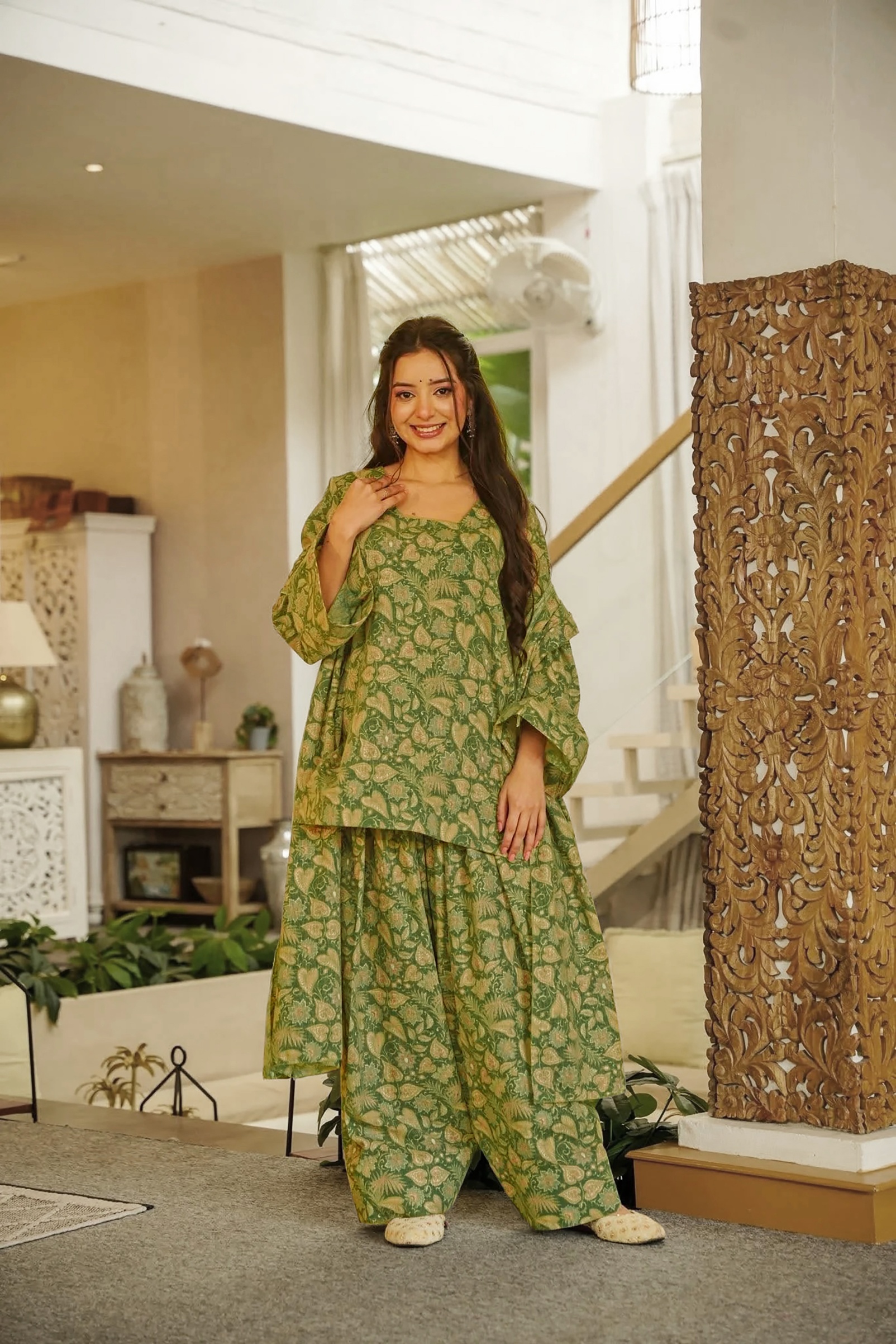 Mehendi Cambric Cotton Mughal Digital Printed Kurta Set