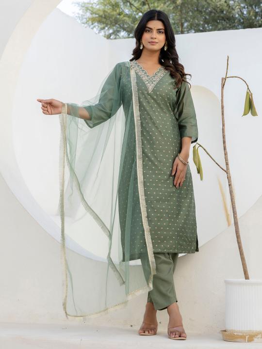 Mehendi Chanderi Silk Readymade Suits