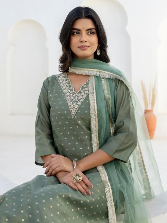 Mehendi Chanderi Silk Readymade Suits