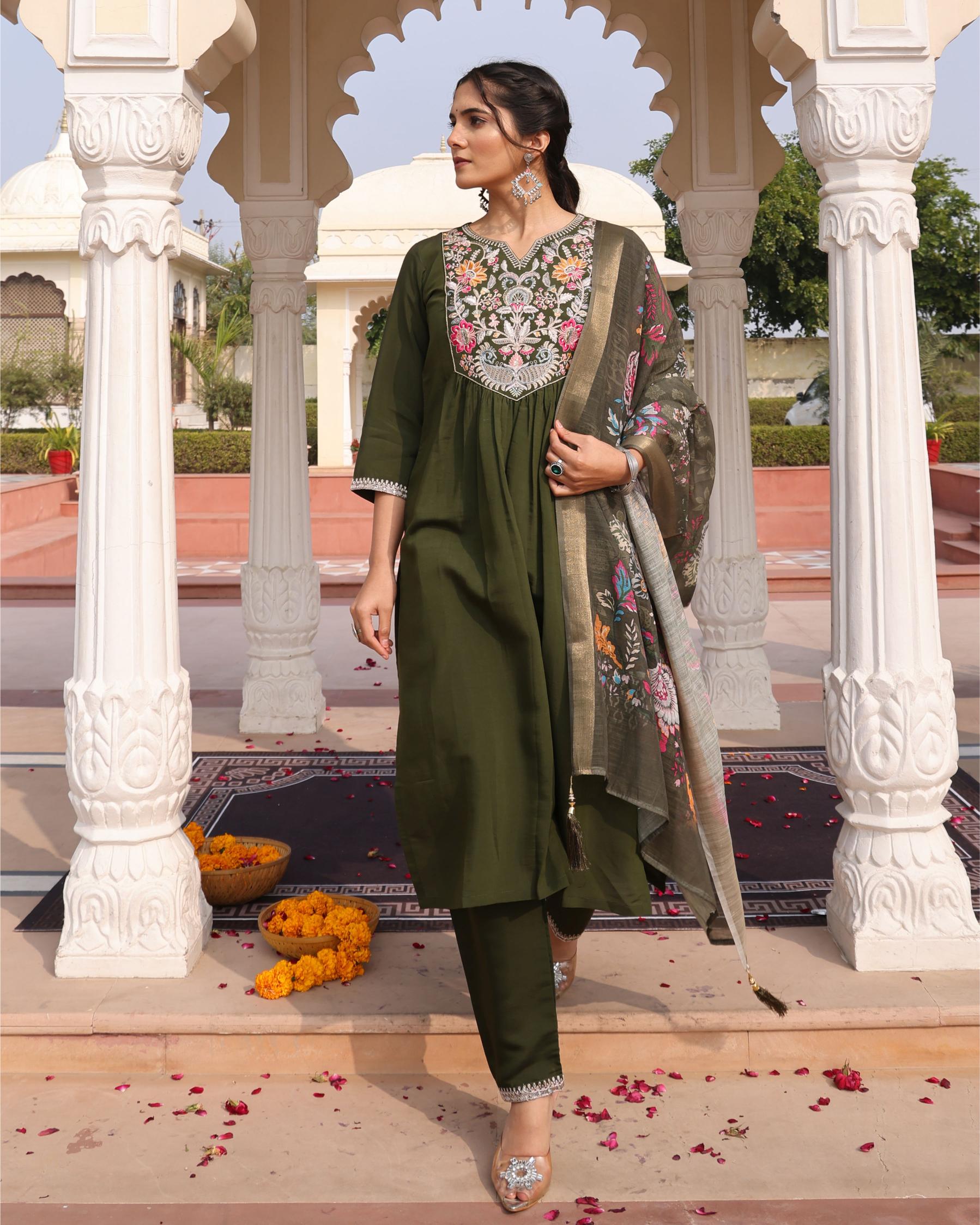 Mehendi Cotton Silk Embroidered Readymade Suit