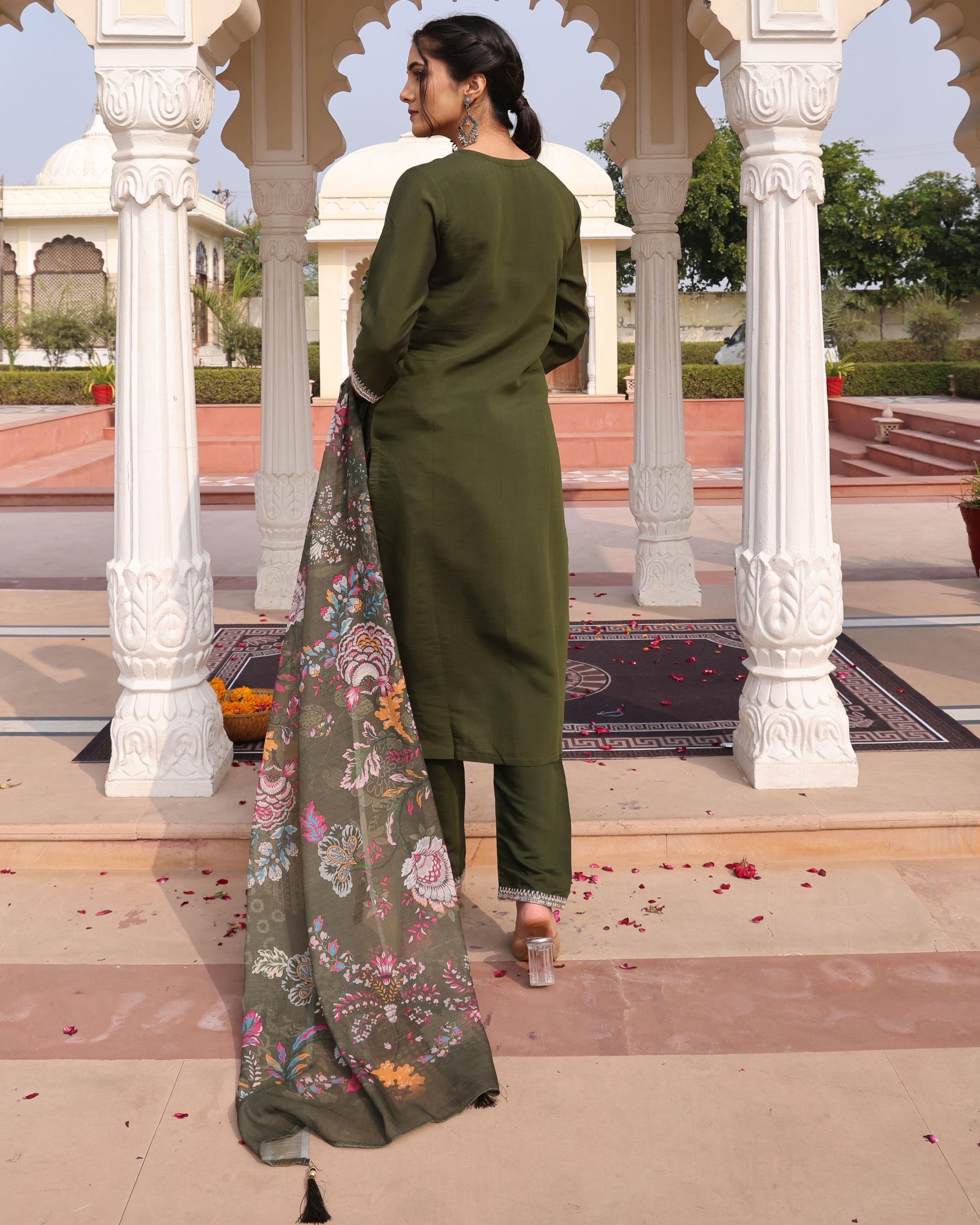 Mehendi Cotton Silk Embroidered Readymade Suit — alternate view