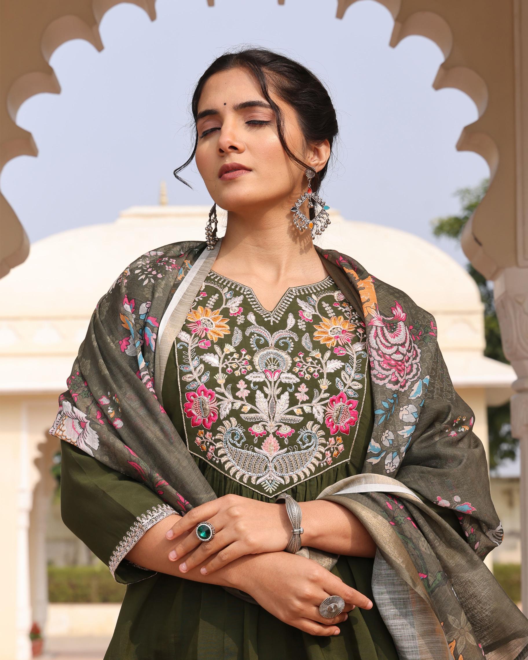 Mehendi Cotton Silk Embroidered Readymade Suit
