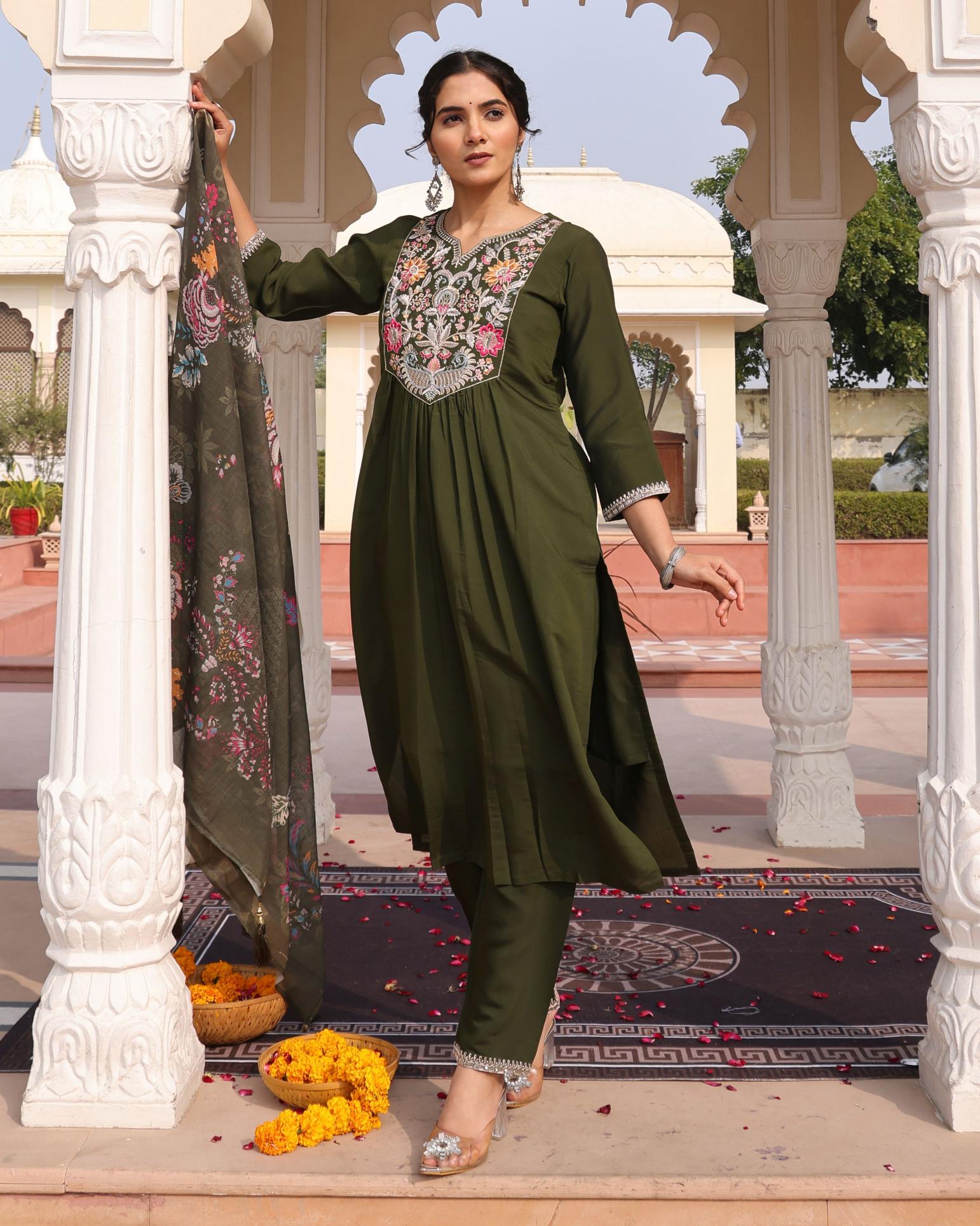 Mehendi Cotton Silk Embroidered Readymade Suit