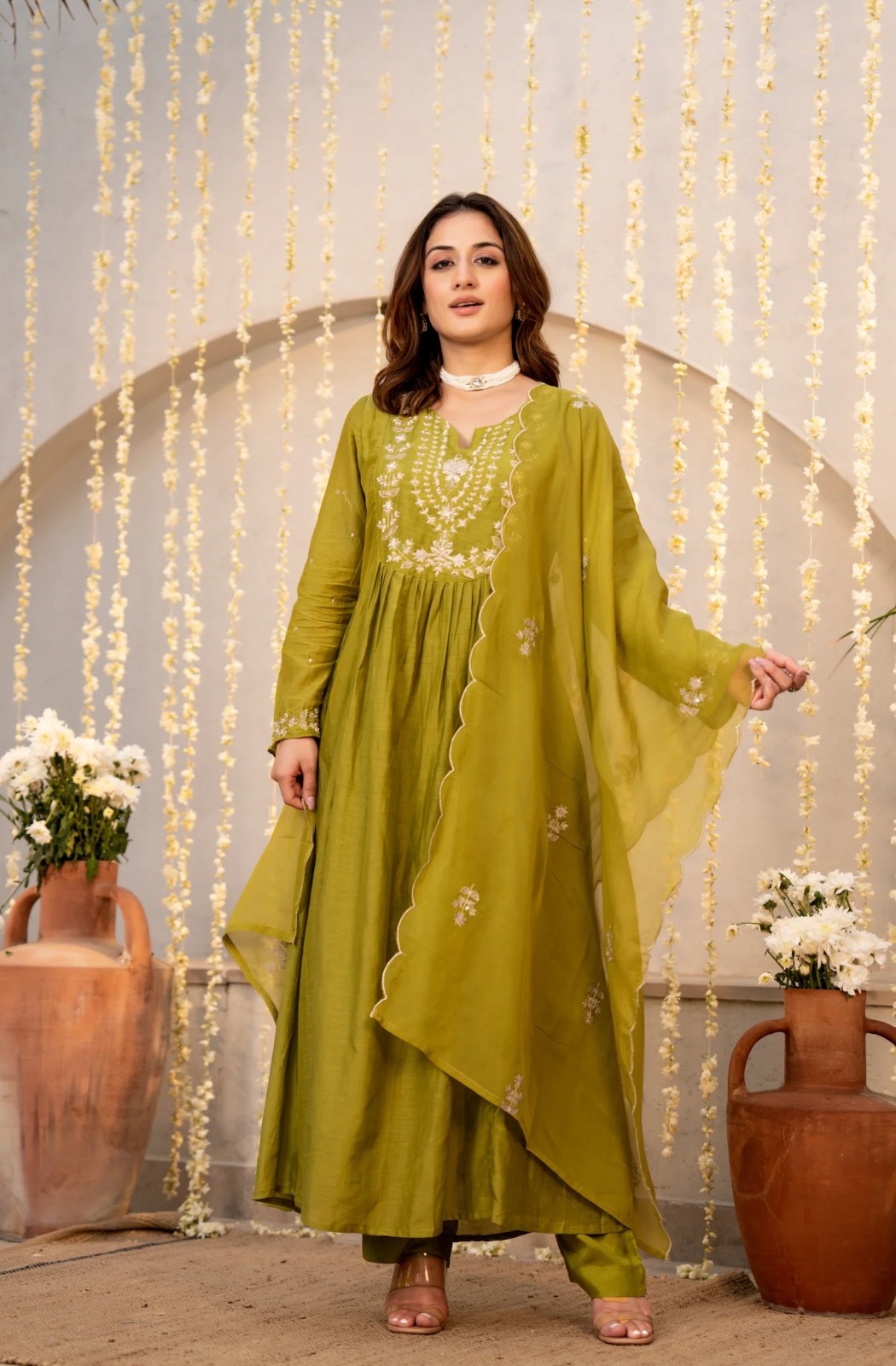 Mehendi Designer Embroidered Chanderi Kurta Set