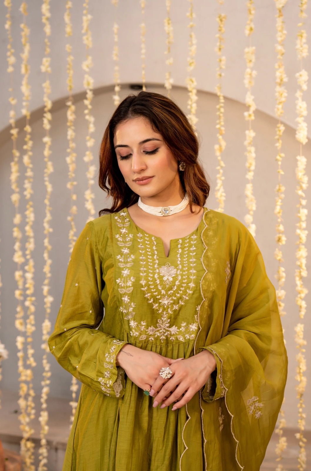 Mehendi Designer Embroidered Chanderi Kurta Set